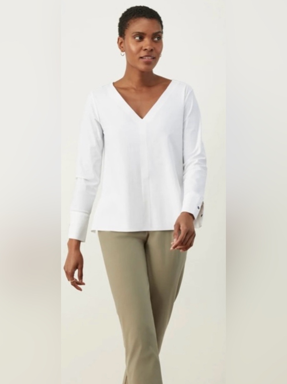 ADAY Classic White Something Tailored V-Neck Long-Sleeve Shirt Blouse Medium M